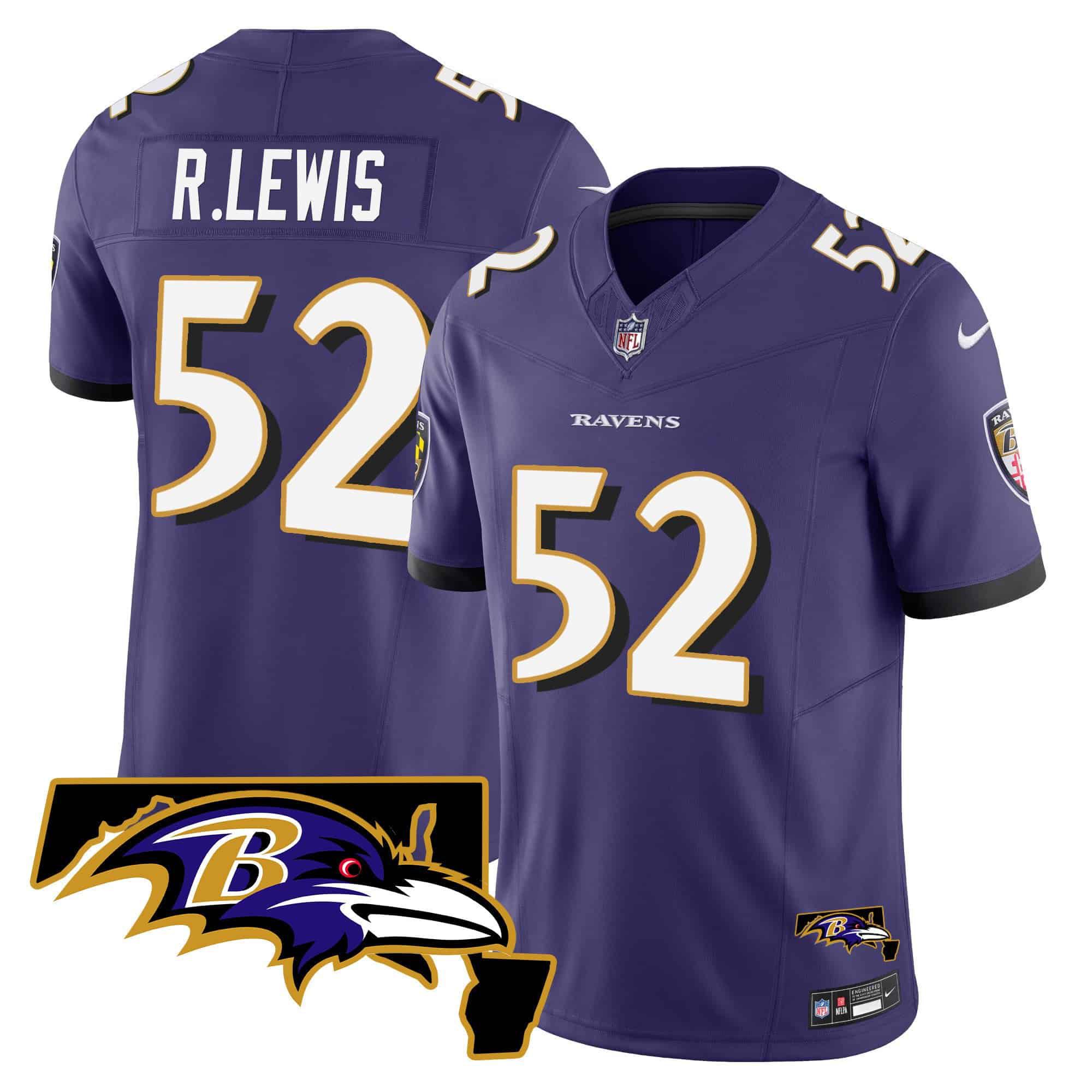 Men Baltimore Ravens 52 R.Lewis Purple 2024 Nike Maryland Patch Vapor Limited NFL Jersey style 1
